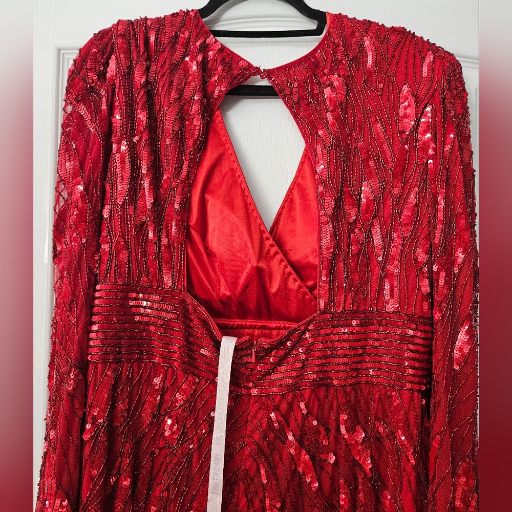 Mac DuggalEmbellished Faux Wrap Open Back Gown Red Sz 18 NWT - Picture 10 of 16